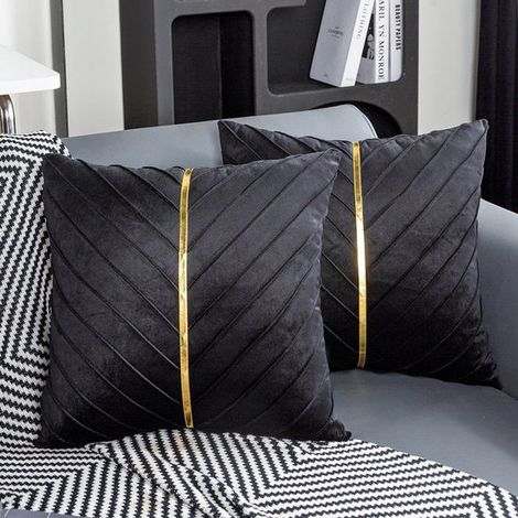 Set di 2 federe 45x45 cm，in velluto nero con decorazioni dorate，adatte per l'autunno (1/4)
