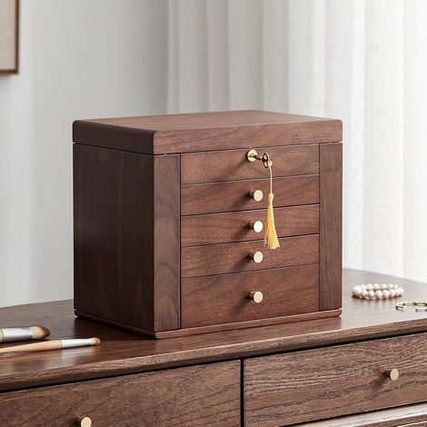 Boîte Bijoux Noyer Noir 5 Niveaux Porte Latérales Miroir Serrure Intérieur Doublé De Velours, Design Classique Spacieux Adapté À Tous Vos Bijoux Du Quotidien, Cadeau Pour Femme (1/5)