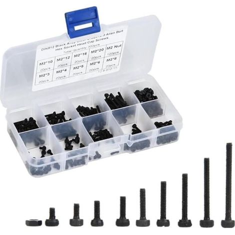 M2 Sechskantschrauben-Set aus schwarzem legiertem Stahl – 300-teilig (Schrauben + Muttern) – Komplettes und praktisches Sortiment