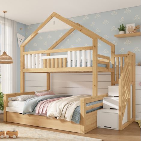 Lit superposé cabane 90x200 et 140x200 cm avec rangements, escalier et tiroirs, bois blanc et chêne (1/5)
