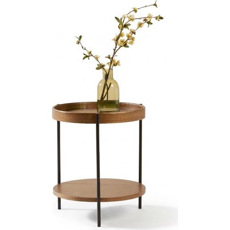 ELVMI Runde Couchtische im Set mit 2 Ebenen aus Massivholz und MDF, Nussbaum, Schwarzem Eisengestell (1/5)