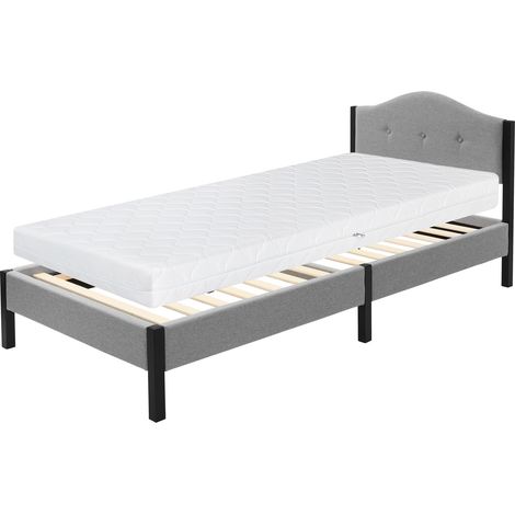 ML-Design Letto Singolo 90x200 cm, con Materasso alto 16 cm, Giroletto, Struttura Robusta, Testiera Imbottita e Rete a Doghe, Telaio in Acciaio e Tessuto di Lino, Grigio, per Cameretta (1/5)
