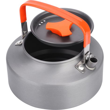 Bouilloire camping aluminium 1,1L portable pour randonnée, thé, café, poignée orange résistante.