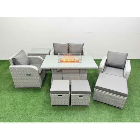 Fimous Light Grey PE Wicker Rattan Garden Furniture Set Sofa Set Reclining Chair Firepit Dining Table 7 Seater 3 Stools Side Table (1/4)