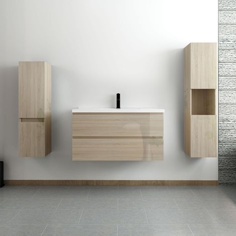 Acezanble – Ensemble meuble salle de bain 100 cm – Chêne Wotan brillant – 2 tiroirs à fermeture automatique – Lavabo céramique simple – 2 colonnes suspendues