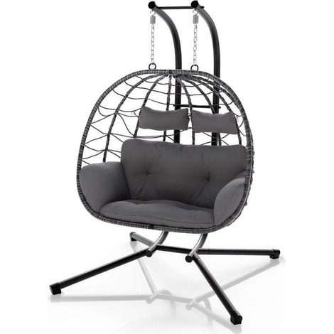 [GEBRAUCHT] B-Ware Polyrattan Doppelhängesessel Aria für 2 Personen mit Gestell und Kissen grau (1/2)