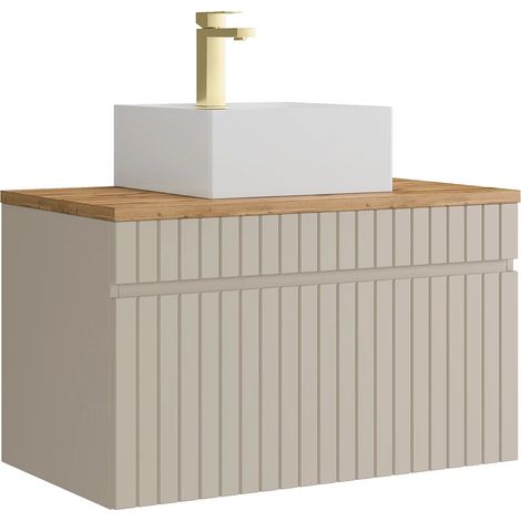 Meuble de salle de bain suspendu strié beige avec vasque à poser carrée et robinet - 80 cm - SATARA (1/5)