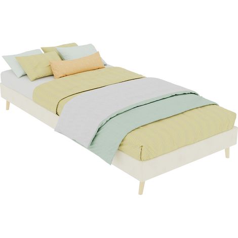 Lit enfant 90x200 cm rembourré beige, tête de lit cartoon, tissu doux, pieds en bois, structure MDF stable, montage facile, sans matelas ni sommier - CHICFURN (1/5)