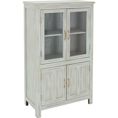 WOMO-DESIGN Highboard Florenz Shabby Chic 79x136x40 cm Mint Mangoholz Massiv Anrichte 4 Türen/4 Ebenen Vintage Unikat handgefertigt Glasvitrine Sideboard Kommode Schrank Standschrank Beistellschrank