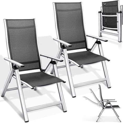 tillvex Gartenstuhl Premium 2 Stück Silber klappbar aus Aluminium Hochlehner mit Armlehnen Klappstuhl verstellbar Klappsessel Balkon Garten Terrasse