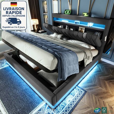 MODFU - Cama canapé para adultos 180×200cm, LED, cabecero con almacenaje, puertos USB y Tipo C, base tapizada, sin colchón, lino, gris (1/5)