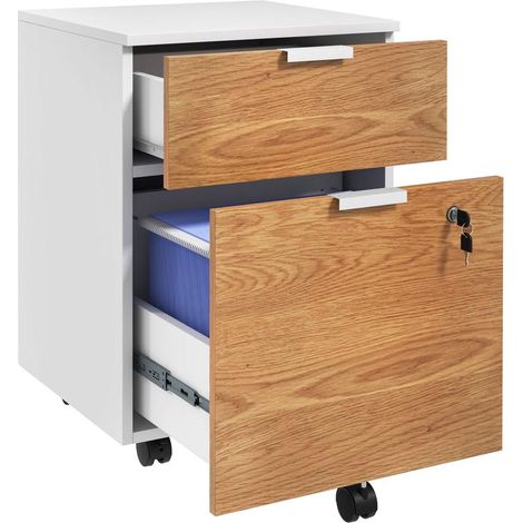 Classeur blanc et naturel à roulettes 2 tiroirs avec serrure pour format A4, 42x40x60 cm, rangement sécurisé pratique