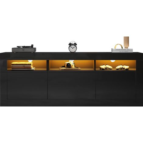 Meuble TV LED noir brillant 160 x 35 x 60 cm avec 3 niches, 2 portes, 2 tiroirs push-to-open, Bluetooth et rangement pour TV 70 pouces  CHICFURN (1/5)
