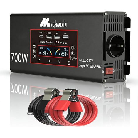 Convertisseur de Tension pour Voiture 700W, Onduleur 12v 220v  Onduleur LCD + Prises UE et Chargeur de Voiture 3 USB pour Voiture, Camping-Car, Camion (1/5)