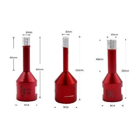 Forets Diamant 3PCS 6mm/8mm/10mm Brasé Sous Vide Trépans avec Filetage M14 pour Perçage à sec en Porcelaine Carrelage Granit Marbre (1/2)