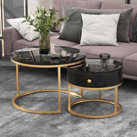 Table basse gigogne ronde 2 pièces noir effet marbre OKMYHOME (1/5)
