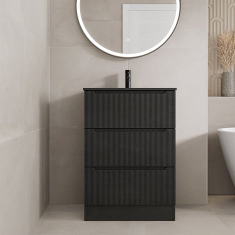 600mm Bathroom Cloakroom Vanity Unit Basin Floorstanding 1 Tap Hole Soft Close, Black (1/5)