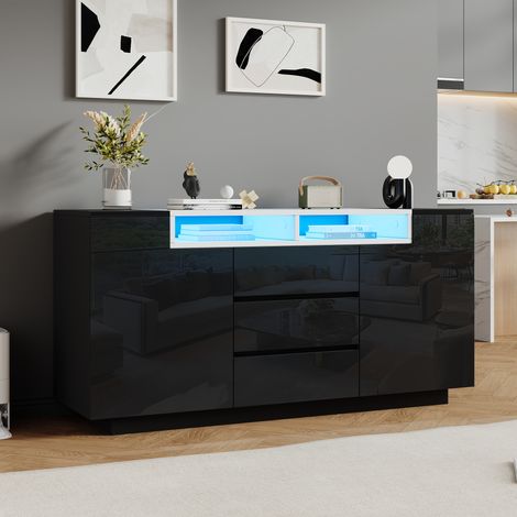 Sideboard salon noir brillant 140×40×68cm, 2 portes en L, cloisons réglables, éclairage LED et 3 tiroirs, commode design élégant pour votre pièce de vie (1/5)