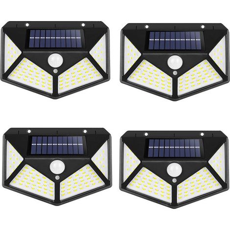 Lampe solaire d'extérieur [Version améliorée, lot de 4] 100 LED, batterie 1200 mAh, étanche, éclairage extérieur, faisceau 270°, détecteur de mouvement 180°, projecteur solaire mural pour jardin. (1/5)