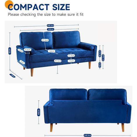 Keepbuying – Canapé droit 2 places en velours bleu – Accoudoirs roulés – Dimensions 148 x 78 x 85 cm – Confort moyen – Montage facile en 10 minutes