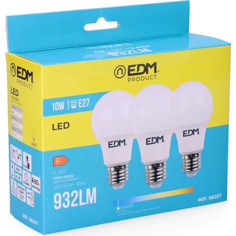 Kit 3 ampoules LED E27 10W 932lm 6400K - Lumière froide - EDM - Réf 98207 (1/3)
