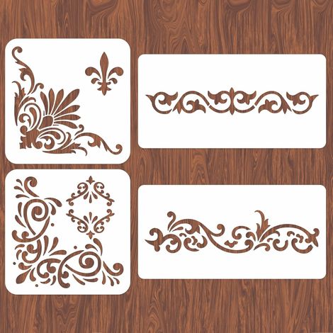Lot de 4 pochoirs d'angle pour peinture de fleurs, bordure carrée, pochoir mural, grand motif de carreaux, pochoir réutilisable pour loisirs créatifs, tissu, sol (1/5)