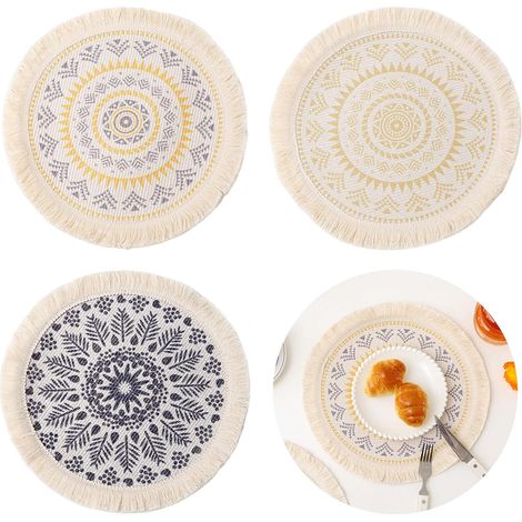 SHINING HOUSE Runde Boho-Tischsets von Pieces, runde waschbare Boho-Tischsets, Boho-Baumwoll-Tischset, runde Boho-Tischset-Dekoration, natürliches Baumwoll-Tischset, geeignet für den täglichen Gebrauc (1/4)