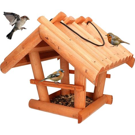 KOTARBAU® Mangeoire Oiseaux à Suspendre - Bois - 27x28x26 cm - Naturel - Mangeoire Oiseaux Extérieur - Avec Ourriture Oiseau 0,5 kg - Orange (1/5)