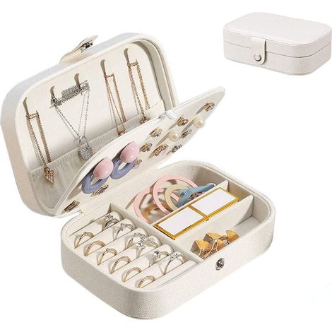 Boîte à bijoux blanche, petite boîte à bijoux de voyage pour femme, pour ranger bagues, boucles d'oreilles, colliers, bracelets, avec po (1/5)