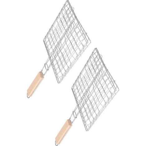 2 grilles de barbecue carrées en acier inoxydable avec poignées en bois. Accessoires pour barbecue et grillades en extérieur. (1/5)