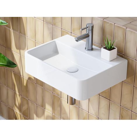 HOROW Bathroom Ceramic Wash Basin Sink (White, 38 26 9cm) - Countertop or Wall Mounted Rectangular Basin,Slim Edge & Storage Ledge Design for Bathroom, Cloakroom, Small WC (1/5)