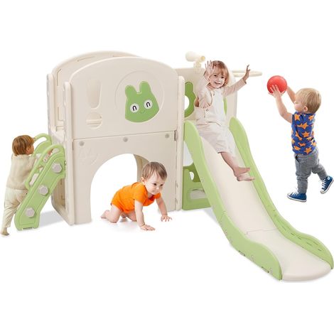 Kids Slide with Climbing Frame, 6 in 1 Kids Slide with Telescope, Basketball Hoop, Walking Platform, Kids Playground, Slide Length 160cm (Green) (1/5)