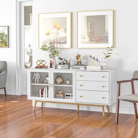 Aparador de Comedor con 2 Puertas de Cristal 3 Cajones y Patas de Madera de Caucho para Cocina Salón 160x40x80 cm Blanco (1/5)
