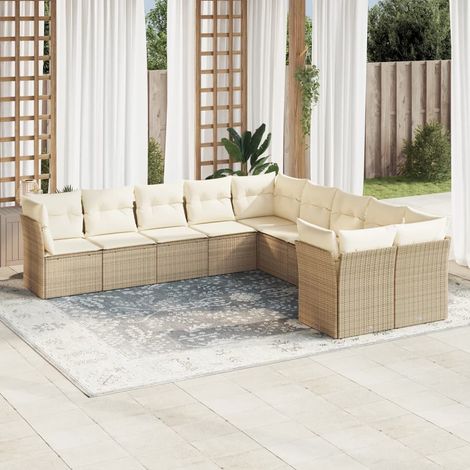 Ensemble Salon Jardin 10 Places Résine Tressée Beige avec Coussins Amovibles - 6 Sièges Centraux + 4 Angles - Dimensions 55x62x69cm (1/3)