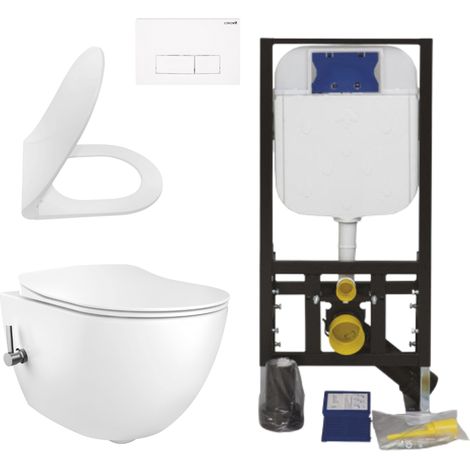 Creavit Hänge WC Set Weiß spülrandlos mit Bidet Softclose WC Sitz und 3/6 L Vorwandelement Unterputz Spülkasten Keramik