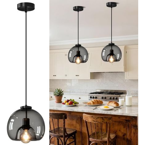 Lustre Suspension en Verre Industrielle Moderne Luminaire Lampe E27 pour Salon Chambre Cuisine Transparent Noir (1/5)