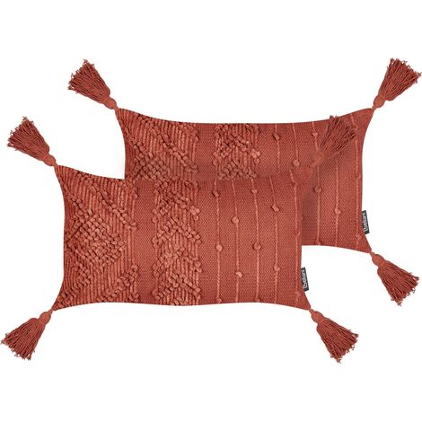 Lot de 2 Coussins en Coton 30 x 50 cm Rectangulaire avec Pompons Rouge Valvaria