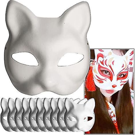 Masques en papier blanc à tête de chat - Lot de 10 masques vierges en pâte à papier peints à la main, design personnalisé, parfaits pour Halloween et cosplay. (1/5)