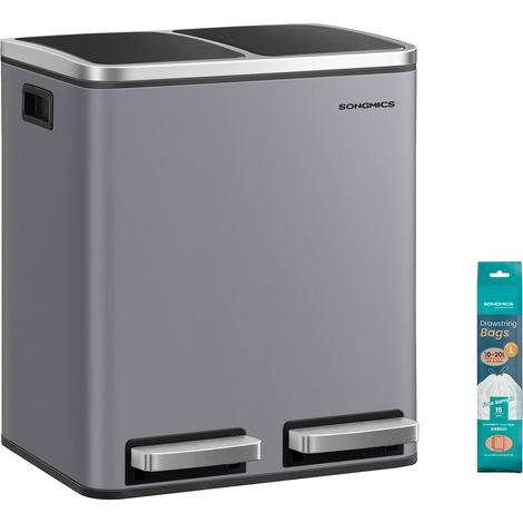 Poubelle Cuisine, 2 x 15 L, Poubelle Tri, avec Pédale, 2 Compartiments, 15 Sacs Poubelles, Seaux Intérieurs, Couvercles en Douceur, en Acier, Gris Ardoise LTB030GJ01 (1/5)