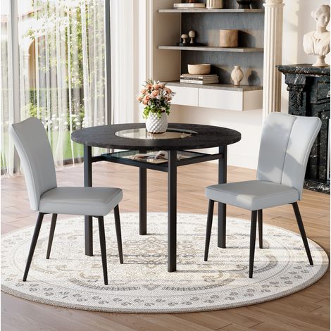MEUBLIV Table à manger ronde 100 cm noire et gris clair – rangement en verre (1/5)