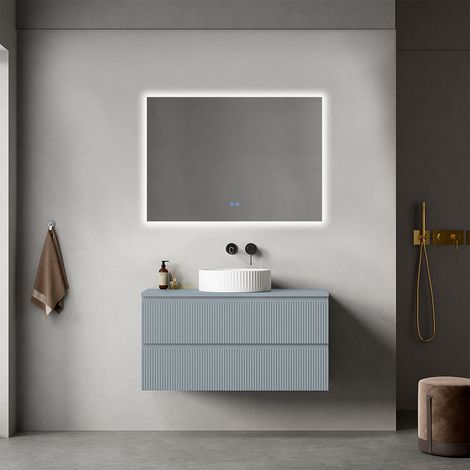 Mobile bagno sospeso cannettato 100 cm Blu Avio per Lavabo d'appoggio Specchio Quadro Retroilluminato - Fiji Paint Top Canneté (1/4)