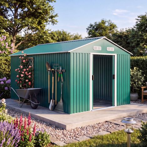 GARDEBRUK® XXXL Metall Gerätehaus 8m² mit Fundament 315x260x180cm Schiebetür Grün Geräteschuppen Gartenhaus 15m³ (1/5)