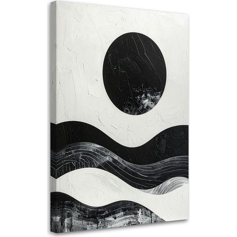 Stampe su Tela, Astrazione cerchio bianco e nero e onde, 80x120 (1/5)