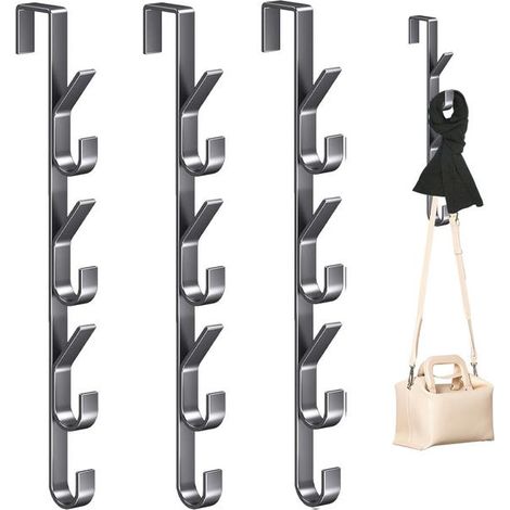 Lot de 4 crochets de porte - 7 crochets, cintres multi-usages, crochets de rangement verticaux pour vêtements et chapeaux, gris pistolet (1/5)