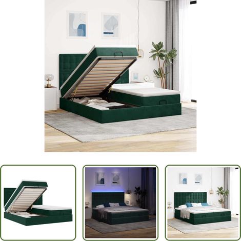 vidaXL LED-Beleuchtung - Ottoman-Bett mit Matratzen & LEDs Dunkelgrün 180x200 cm Samt (1/5)