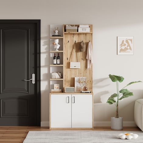 Armoire d'entrée 75x33x180 cm, bois naturel et blanc, avec rangement chaussures, patères murales, 5 étagères de rangement et placards, portemanteau intégré.