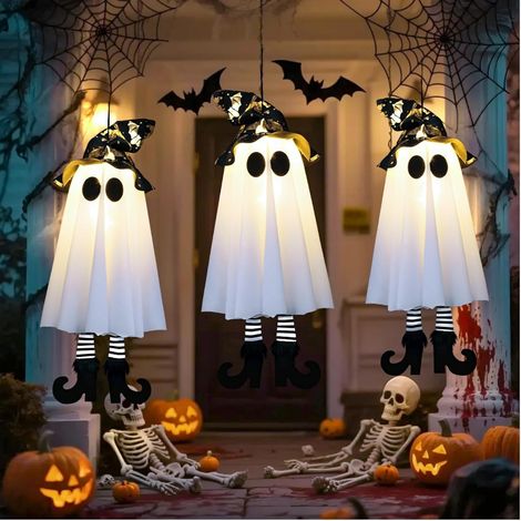 Lot de 3 fantômes lumineux suspendus pour Halloween, décorations d'extérieur, fantôme de 48 cm avec chapeau de sorcière pour jardin, terrasse ou arbre. (1/5)