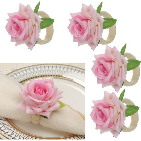 Lot de 4 ronds de serviette en forme de rose avec perle – Pour mariage, anniversaire, banquet, décoration de table, Noël, Thanksgiving (rose) (1/5)