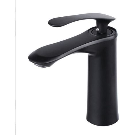 Grifo monomando de latón elegante para lavabo de baño, con control de agua fría y caliente, para instalación sobre encimera, con flujo aireado, color negro. (1/4)
