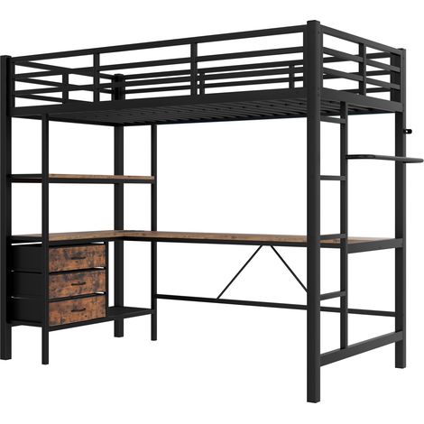 Cama alta 90x200 cm de metal y MDF negro con escritorio, LED, USB y almacenaje (1/5)